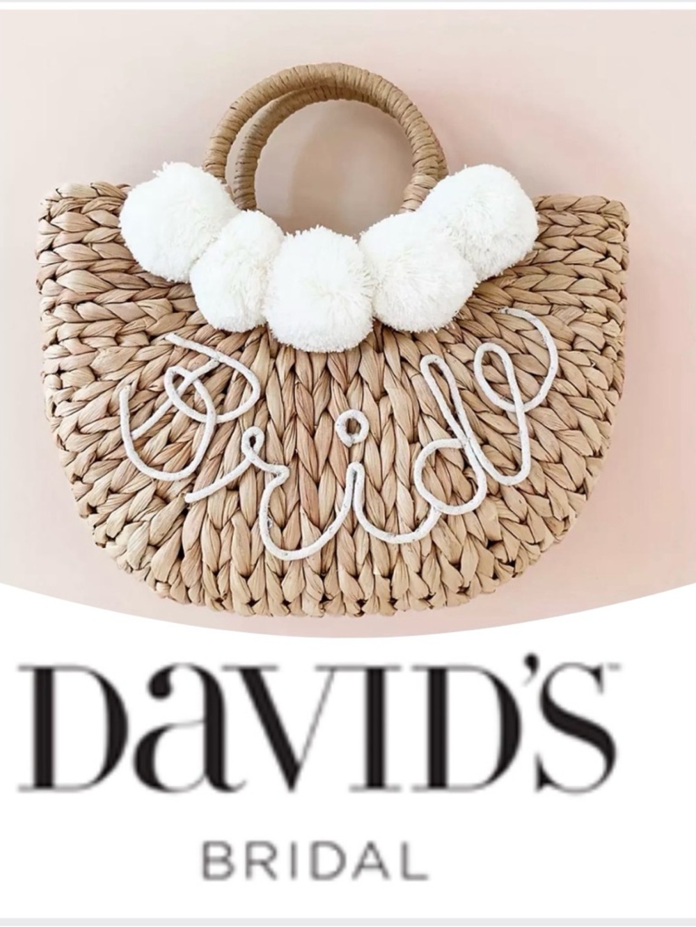 David’s Bridal Hand-Lettered Bride Straw Handbag with Pom Pom